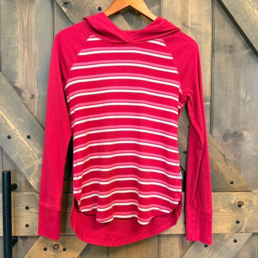 Eddie Bauer Hoodie Women Med Red Striped Excellent Raglan Long Sleeve Pullover